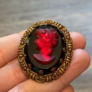 Vintage Deep Red Iridescent Cameo Brooch Pin